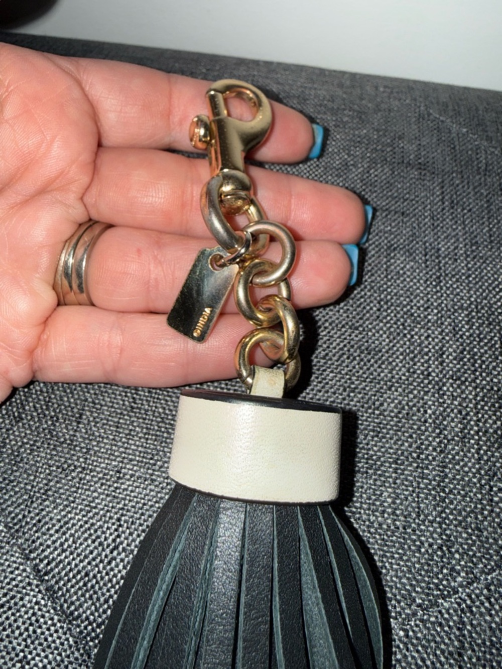 Coach Leather Tassel Bag Charm Black/Cream with Gold Hardware - Picture 3 of 6
